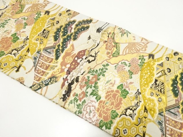 JAPANESE KIMONO / ANTIQUE MARU OBI / WOVEN CRANE / FLORAL PATTERNS A S